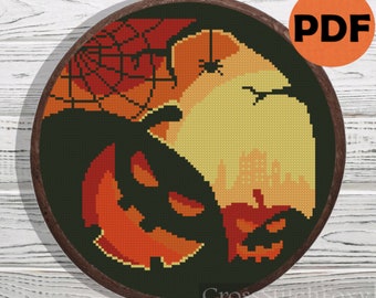 Halloween spooky pumpkin castle landscape cross stitch pattern PDF, Halloween cross stitch, horror cross stitch pattern