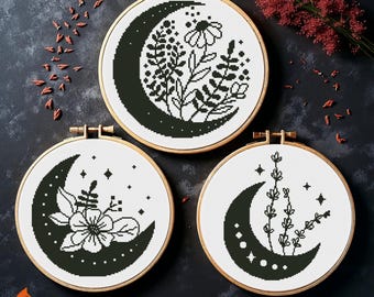 Mystical Moon Flowers Cross Stitch Pattern: Witchy Pagan Design (PDF)