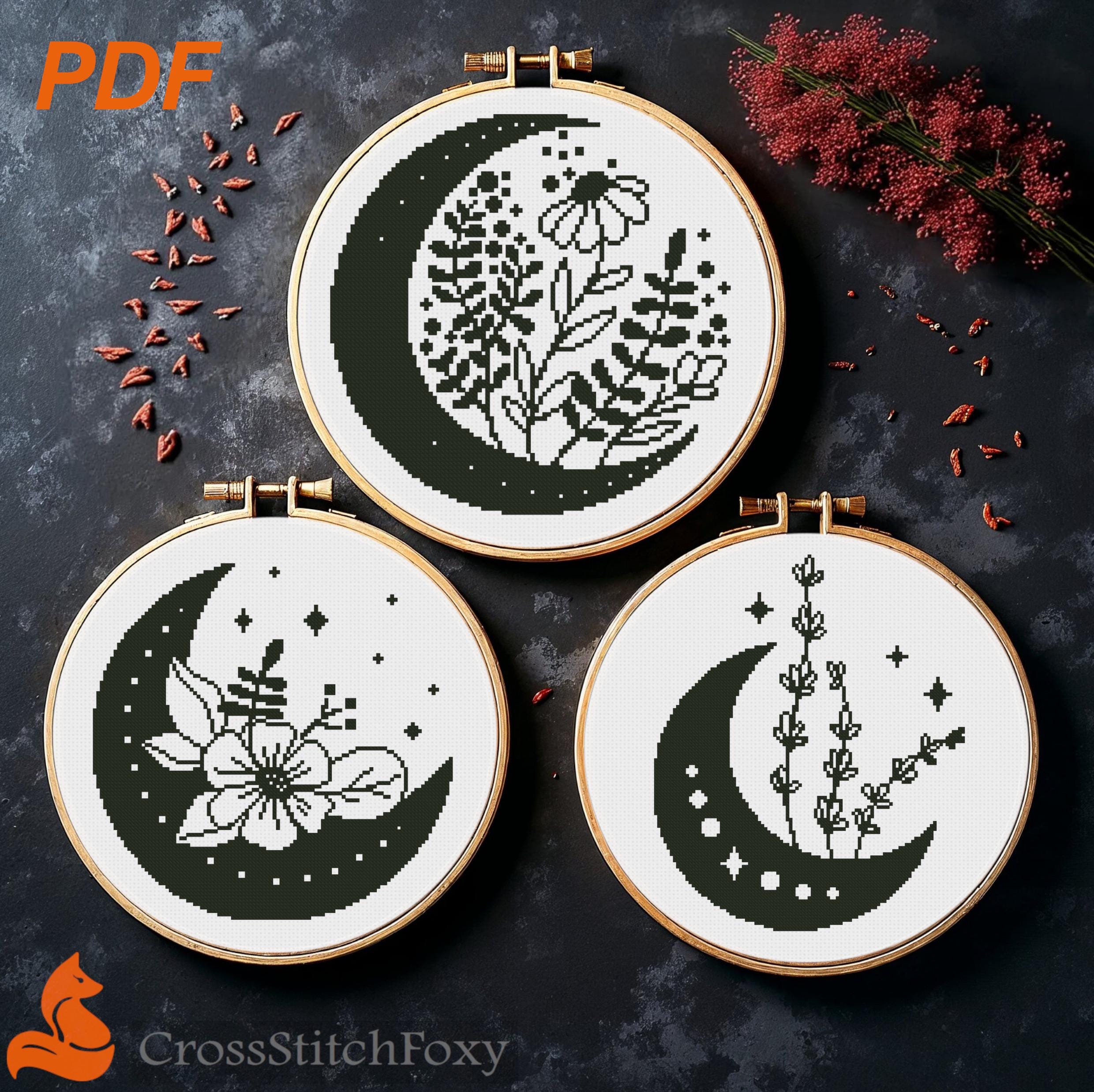 Mystical Moon Flowers Cross Stitch Pattern: Witchy Pagan Design