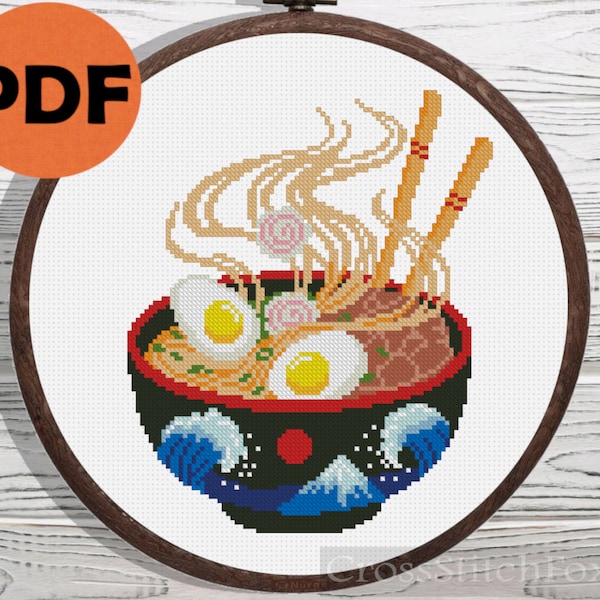 Ramen bowl cross stitch pattern PDF, Japan noodles soup counted cross stitch schema, asian food cross stitch pattern