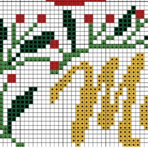 May include: Cross stitch pattern featuring a green, black, and red floral design with a yellow and black star pattern in the background.