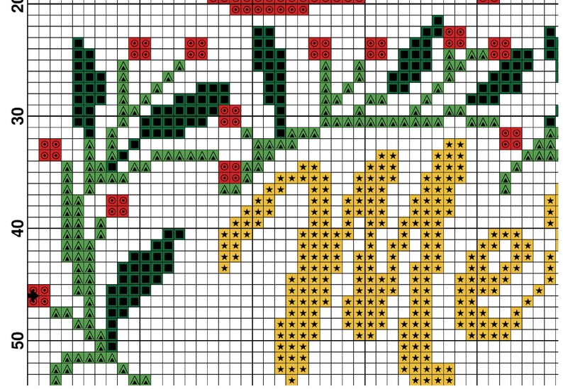 May include: Cross stitch pattern featuring a green, black, and red floral design with a yellow and black star pattern in the background.