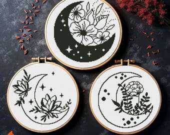 Mystical Moon Flowers Cross Stitch Pattern: Witchy Pagan Design (PDF)