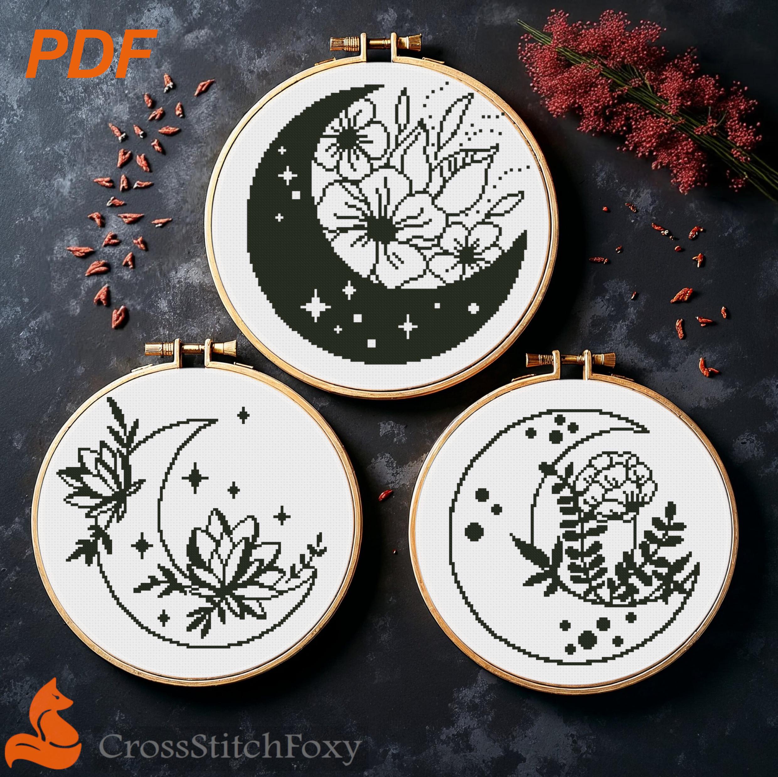 Mystical Moon Flowers Cross Stitch Pattern: Witchy Pagan Design