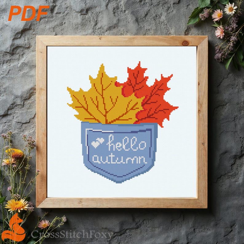 Fall Leaves Pocket Hello Autumn Cross Stitch Pattern PDF Digital ...