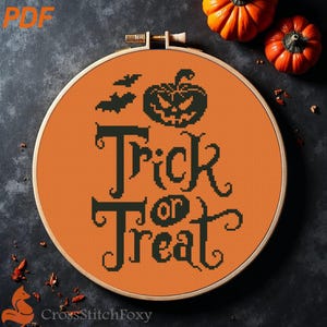 Trick or Treat pumpkin cross stitch pattern PDF, Halloween cross stitch, horror cross stitch pattern