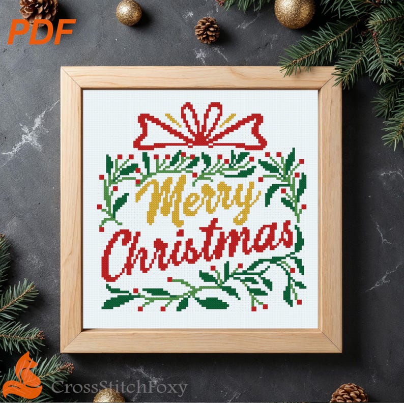 Merry Christmas Lettering Gift Cross Stitch Pattern (PDF Download) image 1