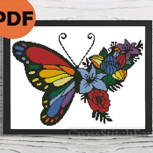Rainbow Floral Butterfly cross stitch pattern PDF, insect cross stitch, rainbow cross stitch pattern, cross stitch DIY home decor