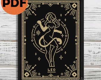 Female Leo Zodiac cross stitch pattern PDF, Leo Zodiac sign cross stitch schema, astrology pattern witchy cross stitch pattern