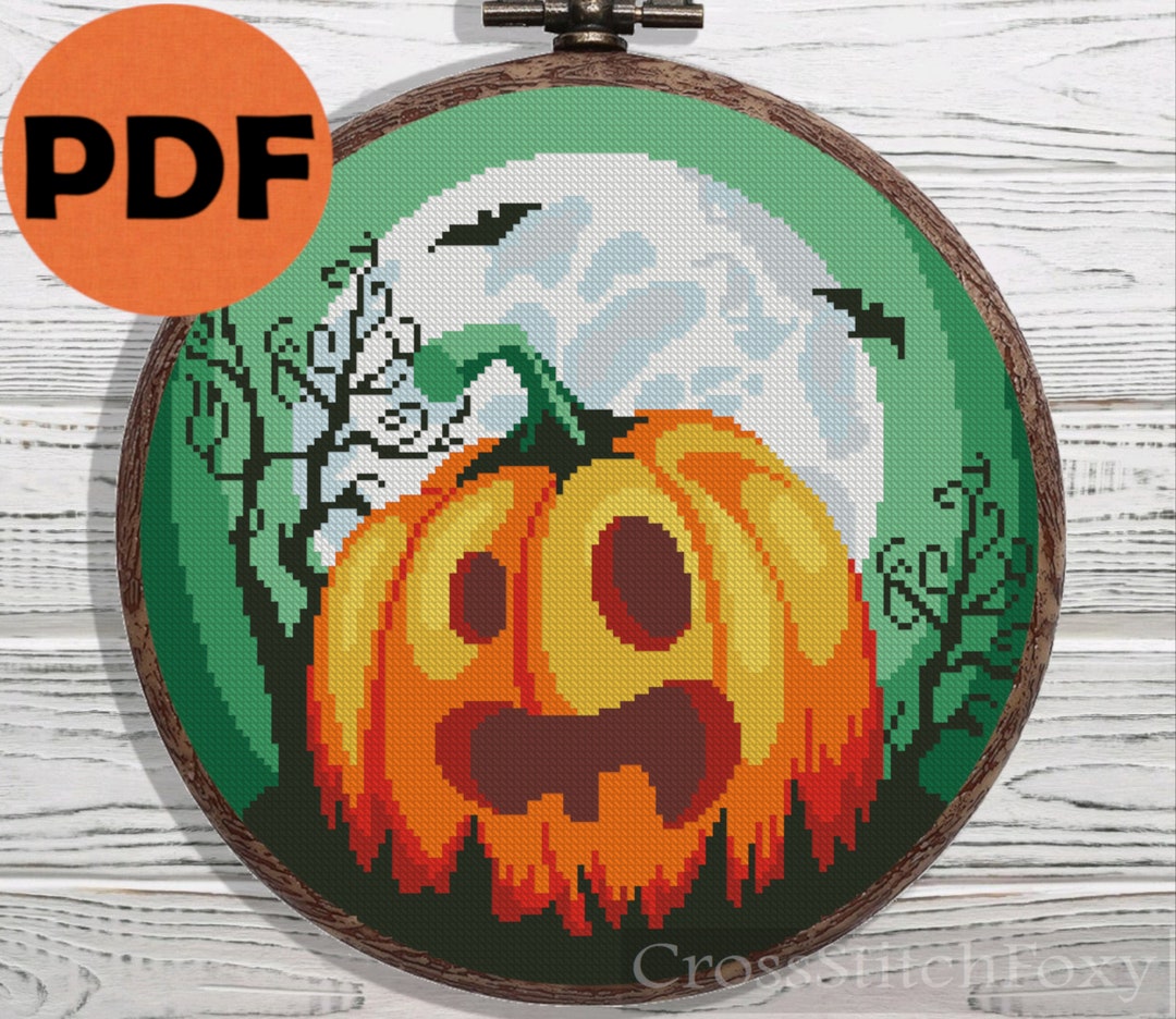 Halloween Spooky Pumpkin Moon Landscape Cross Stitch Pattern PDF ...