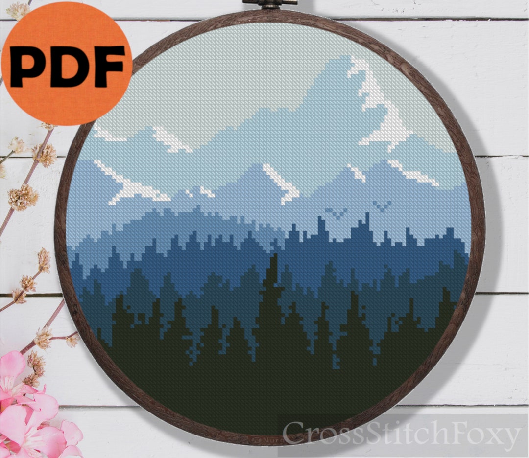 Mountain Landscape Cross Stitch Pattern PDF Misty Forest Nature Scenery ...