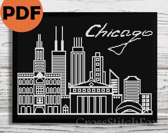 Chicago skyline cross stitch pattern, black and white city skyline counted cross stitch pattern PDF, easy cross stitch pattern