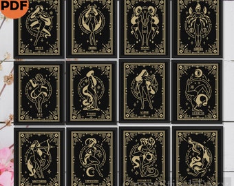 Female Zodiac 12 cross stitch patterns PDF, Horoscope sign cross stitch, astrology witchy card cross stitch patterns