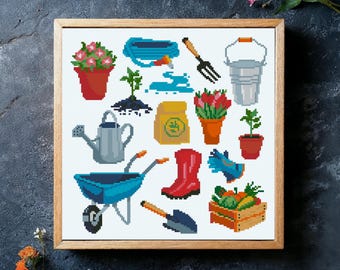 Hallo Frühling Kreuzstichmuster: Gartenarbeit Sampler (PDF-Muster)