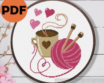 Coffee And Knitting cross stitch pattern PDF, Love coffee cross stitch gift DIY, knitting lover gift, coffee cross stitch