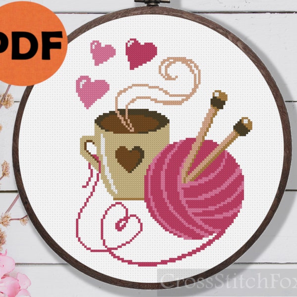 Coffee And Knitting cross stitch pattern PDF, Love coffee cross stitch gift DIY, knitting lover gift, coffee cross stitch