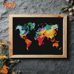 Watercolor World Map Cross Stitch Pattern PDF