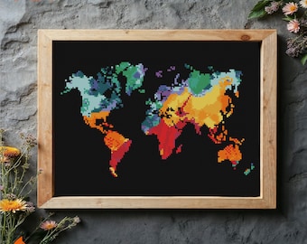 Watercolor World Map Cross Stitch Pattern PDF