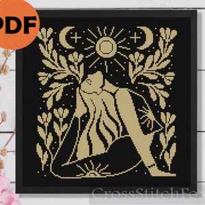 Yoga woman cross stitch pattern PDF, girl yoga cross stitch schema, fitness cross stitch, witchy cross stitch pattern