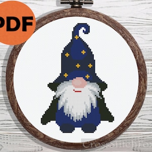Halloween wizard gnome cross stitch pattern PDF, easy Halloween counted cross stitch pattern, small gnome wall decor