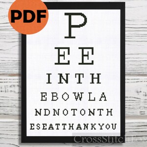 Puede incluir: Carta de prueba de visi&oacute;n en blanco y negro con el texto "P E E I N T H E B O W L A N D N O T O N T H E S E A T T H A N K Y O U".