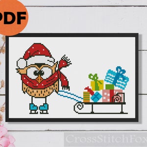 Christmas Owl cross stitch pattern PDF, easy cross stitch pattern instant download, Christmas cross stitch, Christmas ornaments