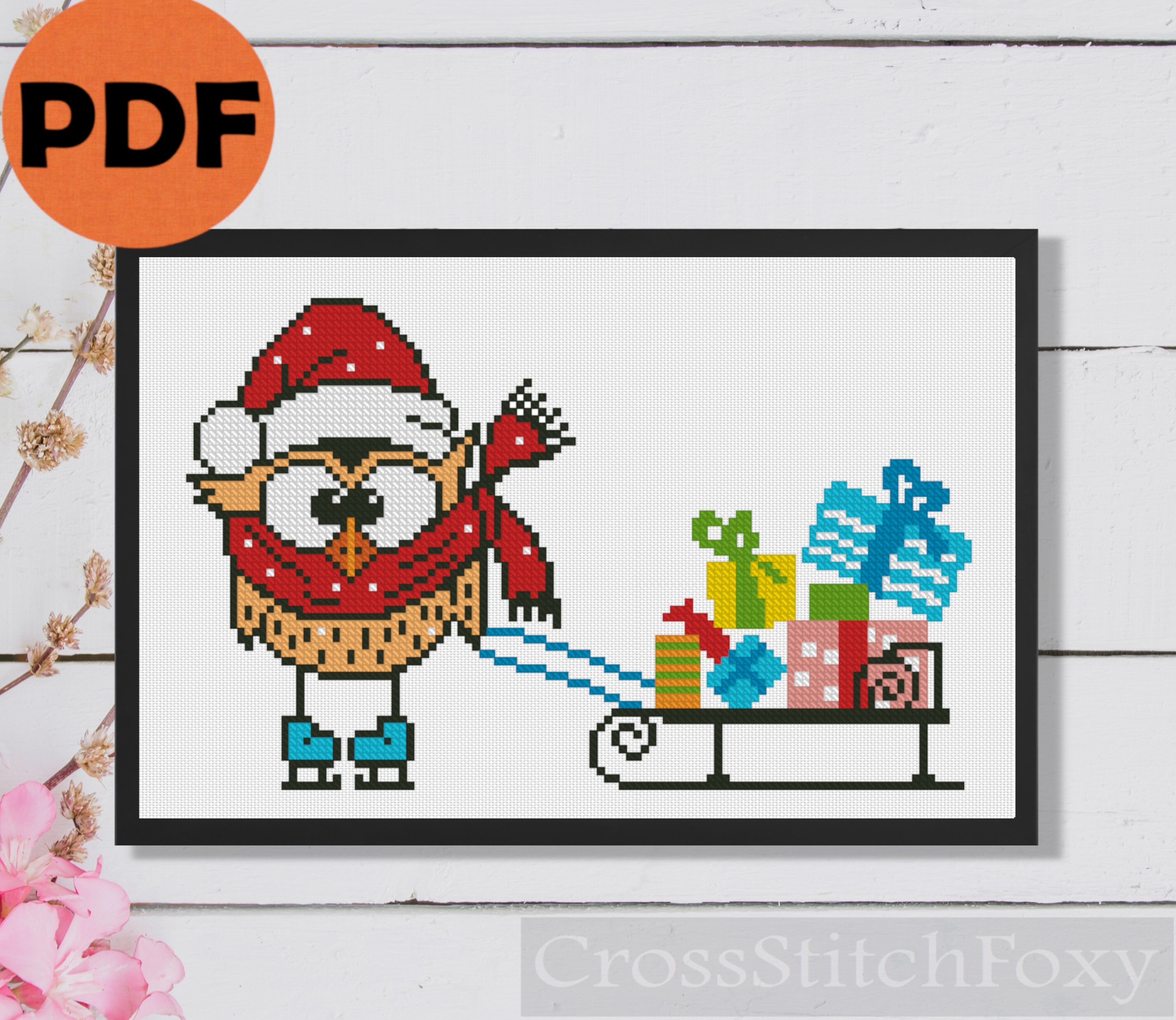 Christmas Owl cross stitch pattern PDF, easy cross stitch pattern instant download, Christmas cross 