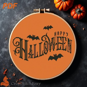 Halloween cross stitch, Happy Halloween spooky lettering cross stitch pattern, horror cross stitch pattern