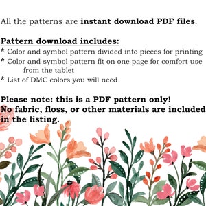 Op de afbeelding: Een digitale download voor een kruissteekpatroon met een bloemenontwerp. Het patroon bevat kleur- en symbooltabellen, en een lijst met benodigde DMC-garenkleuren.