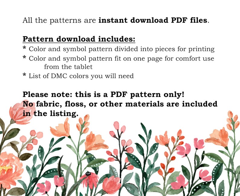 Op de afbeelding: Een digitale download voor een kruissteekpatroon met een bloemenontwerp. Het patroon bevat kleur- en symbooltabellen, en een lijst met benodigde DMC-garenkleuren.