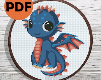 Baby dragon cross stitch pattern PDF, baby cross stitch pattern instant download, nursery cross stitch, dinosaur cross stitch DIY wall decor