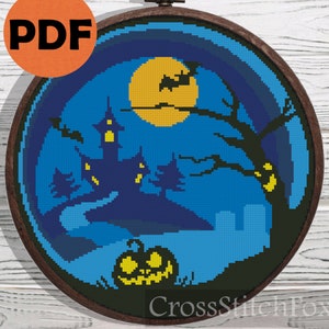 Halloween cross stitch pattern PDF, vampire castle funny embroidery pattern DIY gift