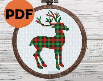 Buffalo Plaid Deer Christmas Ornament Cross Stitch Pattern PDF, small easy animal silhouette counted chart