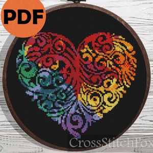 Watercolor Floral Heart cross stitch pattern, Wedding Love cross stitch pattern, Valentine&#39;s Day small gift counted cross stitch