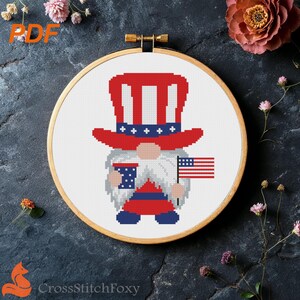 Patriotic Gnome US Flag Cross Stitch Pattern (PDF)