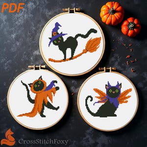 Halloween Cat Witch Cross Stitch Patterns: Black Cat on Broom, Zombie, Monster (PDF Download)
