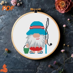 Summer Gnome Fisherman Cross Stitch Pattern (PDF Download)