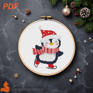 Christmas Penguin Cross Stitch Pattern PDF, easy Christmas ornament DIY counted cross stitch pattern, small penguin home decor