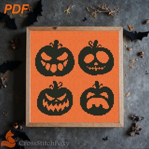 Halloween spooky pumpkins cross stitch pattern PDF, Jack O Lantern Halloween cross stitch, horror cross stitch pattern