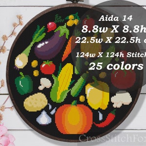 May include: An Aida 14 count cross stitch pattern featuring a variety of colourful vegetables on a black background. The pattern is 8.8 inches wide by 8.8 inches high, or 22.5 cm wide by 22.5 cm high, and uses 25 colours. The pattern is called "Vegetable Garden" and is designed by Cross Stitch Foxy.