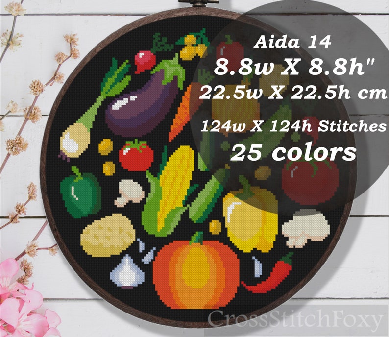 May include: An Aida 14 count cross stitch pattern featuring a variety of colourful vegetables on a black background. The pattern is 8.8 inches wide by 8.8 inches high, or 22.5 cm wide by 22.5 cm high, and uses 25 colours. The pattern is called "Vegetable Garden" and is designed by Cross Stitch Foxy.