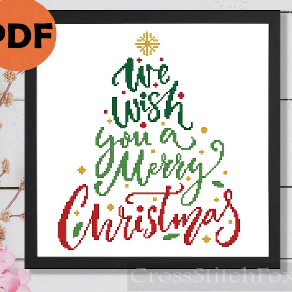 Merry Christmas Tree Lettering cross stitch pattern PDF, We Wish you a Merry Christmas easy cross stitch, Christmas ornaments cross stitch