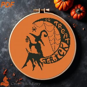 Witch on Moon Cross Stitch Pattern: Halloween Trick or Treat (PDF Pattern)