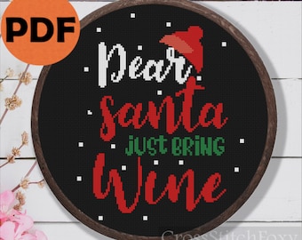 Funny Christmas cross stitch pattern PDF, Dear Santa just bring wine cross stitch pattern, Christmas ornaments, Christmas gifts DIY