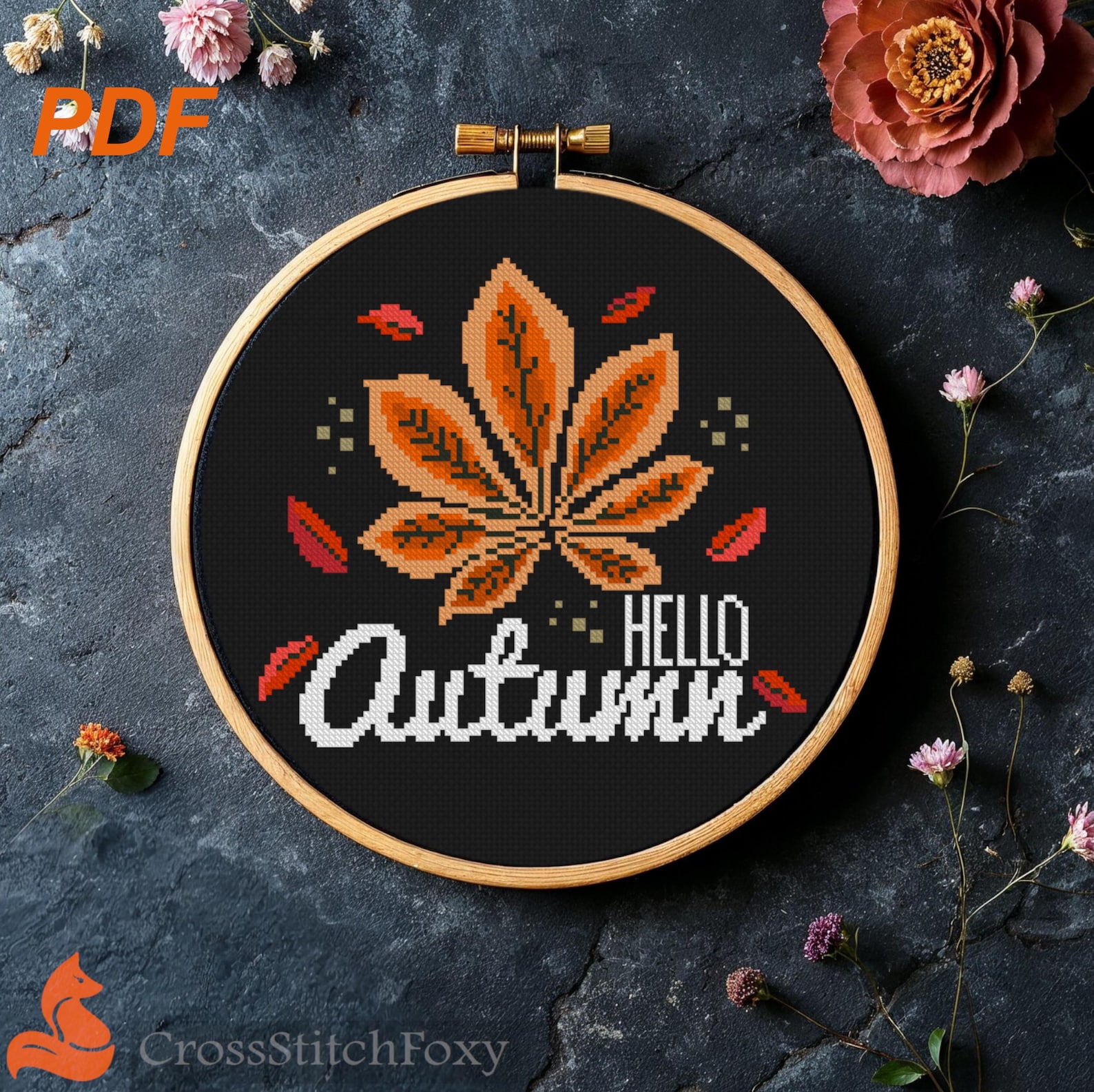 Hello Autumn Fall Leaves Autumn Forest Plants Easy Cross Stitch Pattern ...