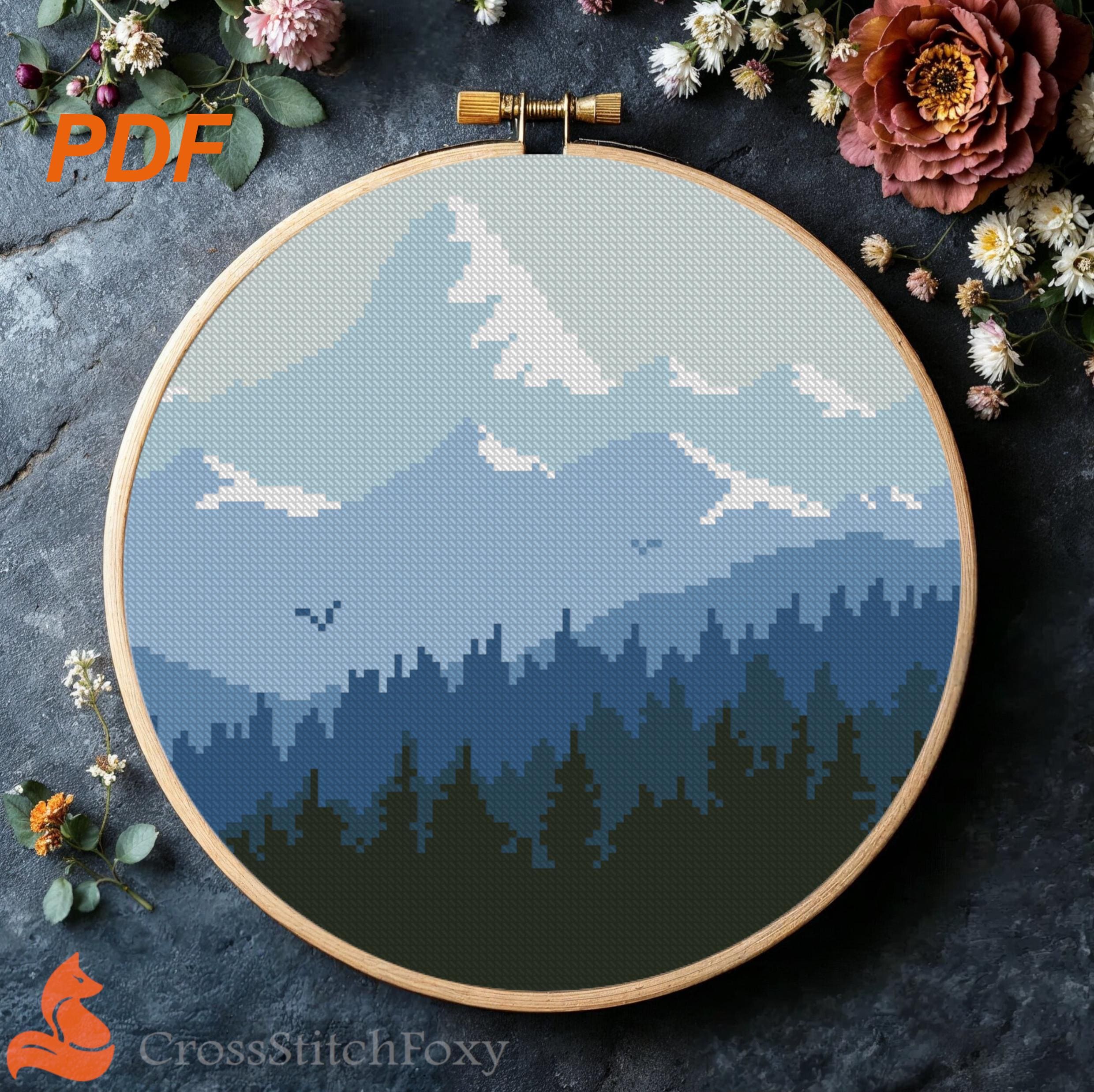 刺繍アート 山の風景 山の風景、霧の森、自然のクロスステッチパターン（PDF） - Etsy 日本