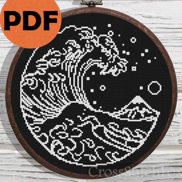 The Great Wave black and white monochrome cross stitch pattern PDF, ocean wave easy small wall art decor Hokusai Japanese embroidery pattern