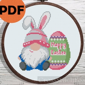 Happy Easter bunny gnome with egg easy small Easter gnome cross stitch pattern PDF, Easter rabbit cross stitch, gnome cross stitch pattern