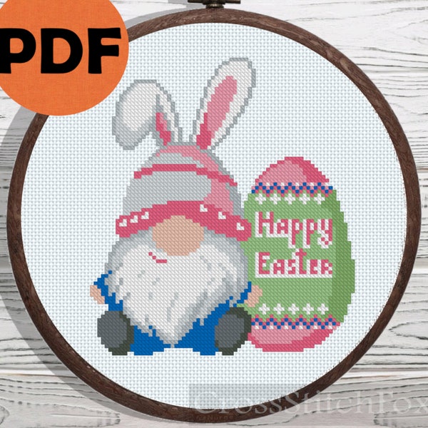 Happy Easter bunny gnome with egg easy small Easter gnome cross stitch pattern PDF, Easter rabbit cross stitch, gnome cross stitch pattern