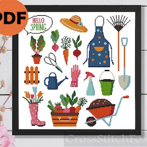 Hello Spring Cross Stitch Pattern: Gardening Sampler (PDF Pattern)